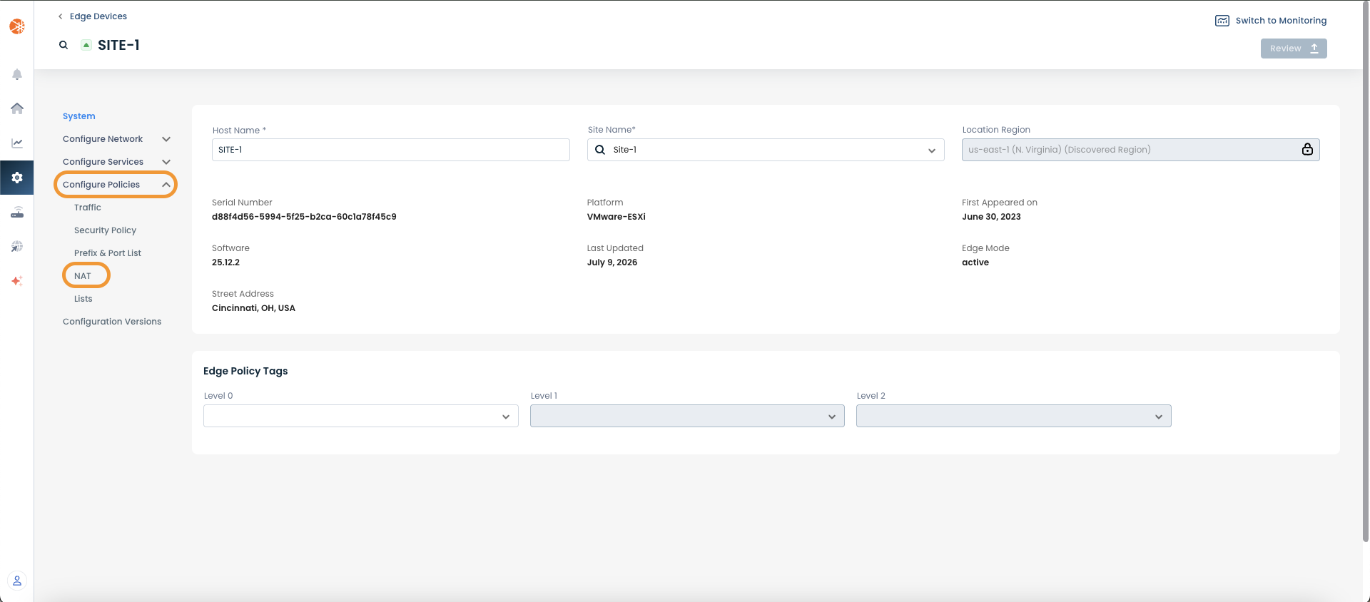 Configuration settings for SITE-1, including policies, NAT, and edge mode details.